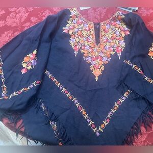 Embroidered Navy Woolen Poncho with Floral Design for Girls